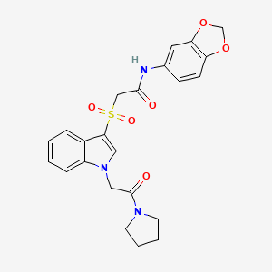molecular formula C23H23N3O6S B2852566 N-(benzo[d][1,3]dioxol-5-yl)-2-((1-(2-oxo-2-(pyrrolidin-1-yl)ethyl)-1H-indol-3-yl)sulfonyl)acetamide CAS No. 878056-58-7
