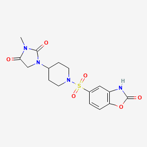 molecular formula C16H18N4O6S B2852660 3-Methyl-1-(1-((2-oxo-2,3-dihydrobenzo[d]oxazol-5-yl)sulfonyl)piperidin-4-yl)imidazolidine-2,4-dione CAS No. 2194849-51-7