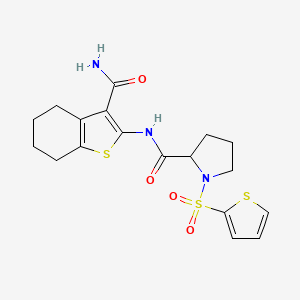 molecular formula C18H21N3O4S3 B2852687 N-(3-carbamoyl-4,5,6,7-tetrahydrobenzo[b]thiophen-2-yl)-1-(thiophen-2-ylsulfonyl)pyrrolidine-2-carboxamide CAS No. 1098638-82-4