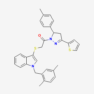 molecular formula C33H31N3OS2 B2852903 2-[1-[(2,5-二甲基苯基)甲基]吲哚-3-基]硫代-1-[3-(4-甲基苯基)-5-噻吩-2-基-3,4-二氢吡唑-2-基]乙酮 CAS No. 681279-82-3