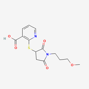 molecular formula C14H16N2O5S B2853018 2-((1-(3-Methoxypropyl)-2,5-dioxopyrrolidin-3-yl)thio)nicotinic acid CAS No. 881483-65-4