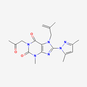 molecular formula C18H22N6O3 B2853030 8-(3,5-dimethyl-1H-pyrazol-1-yl)-3-methyl-7-(2-methylprop-2-en-1-yl)-1-(2-oxopropyl)-2,3,6,7-tetrahydro-1H-purine-2,6-dione CAS No. 1014009-36-9
