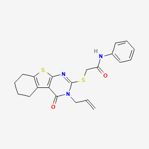 molecular formula C21H21N3O2S2 B2853091 2-{[3-oxo-4-(prop-2-en-1-yl)-8-thia-4,6-diazatricyclo[7.4.0.0^{2,7}]trideca-1(9),2(7),5-trien-5-yl]sulfanyl}-N-phenylacetamide CAS No. 303228-46-8