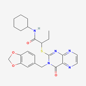 molecular formula C24H27N5O4S B2853093 2-[3-(1,3-benzodioxol-5-ylmethyl)-4-oxopteridin-2-yl]sulfanyl-N-cyclohexylbutanamide CAS No. 902857-65-2
