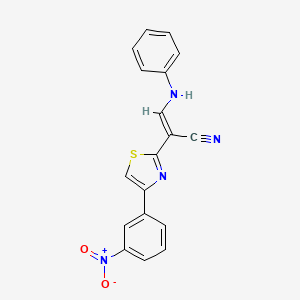 molecular formula C18H12N4O2S B2853150 (E)-2-(4-(3-nitrophenyl)thiazol-2-yl)-3-(phenylamino)acrylonitrile CAS No. 1321857-57-1
