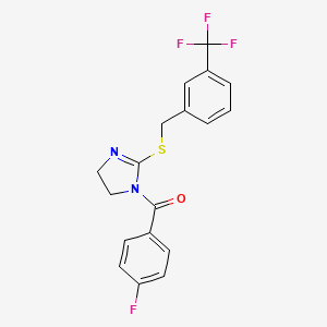 molecular formula C18H14F4N2OS B2853157 (4-fluorophenyl)(2-((3-(trifluoromethyl)benzyl)thio)-4,5-dihydro-1H-imidazol-1-yl)methanone CAS No. 851805-71-5