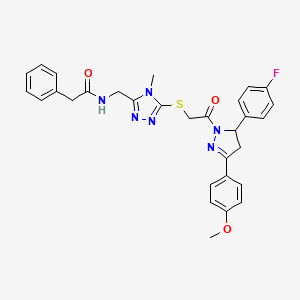 molecular formula C30H29FN6O3S B2853193 N-((5-((2-(5-(4-fluorophenyl)-3-(4-methoxyphenyl)-4,5-dihydro-1H-pyrazol-1-yl)-2-oxoethyl)thio)-4-methyl-4H-1,2,4-triazol-3-yl)methyl)-2-phenylacetamide CAS No. 362506-04-5