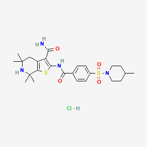 molecular formula C25H35ClN4O4S2 B2853202 5,5,7,7-四甲基-2-(4-((4-甲基哌啶-1-基)磺酰基)苯甲酰胺基)-4,5,6,7-四氢噻吩并[2,3-c]吡啶-3-甲酰胺盐酸盐 CAS No. 1215678-03-7