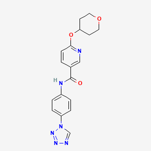 molecular formula C18H18N6O3 B2853238 N-(4-(1H-tetrazol-1-yl)phenyl)-6-((tetrahydro-2H-pyran-4-yl)oxy)nicotinamide CAS No. 2034295-09-3