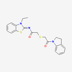 molecular formula C21H21N3O2S2 B2853279 (Z)-N-(3-ethylbenzo[d]thiazol-2(3H)-ylidene)-2-((2-(indolin-1-yl)-2-oxoethyl)thio)acetamide CAS No. 862826-54-8