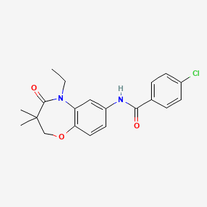 molecular formula C20H21ClN2O3 B2853321 4-chloro-N-(5-ethyl-3,3-dimethyl-4-oxo-2,3,4,5-tetrahydrobenzo[b][1,4]oxazepin-7-yl)benzamide CAS No. 921543-26-2