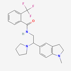 molecular formula C23H26F3N3O B2853327 N-(2-(1-methylindolin-5-yl)-2-(pyrrolidin-1-yl)ethyl)-2-(trifluoromethyl)benzamide CAS No. 922087-90-9