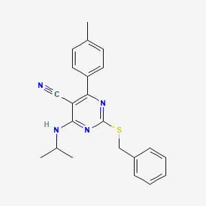 molecular formula C22H22N4S B2853346 2-(Benzylsulfanyl)-4-(isopropylamino)-6-(4-methylphenyl)-5-pyrimidinecarbonitrile CAS No. 303985-60-6