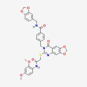 molecular formula C35H30N4O9S B2853348 N-(1,3-benzodioxol-5-ylmethyl)-4-{[6-({2-[(2,4-dimethoxyphenyl)amino]-2-oxoethyl}thio)-8-oxo[1,3]dioxolo[4,5-g]quinazolin-7(8H)-yl]methyl}benzamide CAS No. 688062-09-1