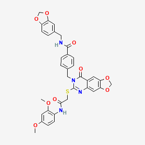 molecular formula C35H30N4O9S B2853348 N-[(2H-1,3-benzodioxol-5-yl)methyl]-4-{[6-({[(2,4-dimethoxyphenyl)carbamoyl]methyl}sulfanyl)-8-oxo-2H,7H,8H-[1,3]dioxolo[4,5-g]quinazolin-7-yl]methyl}benzamide CAS No. 688062-09-1