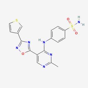 molecular formula C17H14N6O3S2 B2853430 4-((2-Methyl-5-(3-(thiophen-3-yl)-1,2,4-oxadiazol-5-yl)pyrimidin-4-yl)amino)benzenesulfonamide CAS No. 2034446-48-3