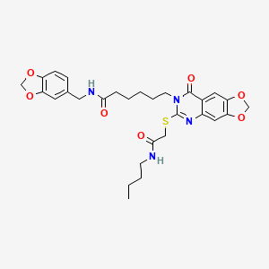 molecular formula C29H34N4O7S B2853474 N-(1,3-苯并二氧杂环-5-基甲基)-6-[6-[2-(丁基氨基)-2-氧代乙基]硫代-8-氧代-[1,3]二氧杂环[4,5-g]喹唑啉-7-基]己酰胺 CAS No. 896682-20-5