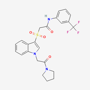 molecular formula C23H22F3N3O4S B2853478 2-((1-(2-oxo-2-(pyrrolidin-1-yl)ethyl)-1H-indol-3-yl)sulfonyl)-N-(3-(trifluoromethyl)phenyl)acetamide CAS No. 878056-70-3