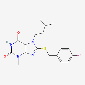 molecular formula C18H21FN4O2S B2853518 8-[(4-Fluorophenyl)methylsulfanyl]-3-methyl-7-(3-methylbutyl)purine-2,6-dione CAS No. 377052-10-3