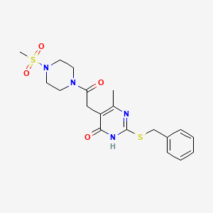 molecular formula C19H24N4O4S2 B2853560 2-(benzylthio)-6-methyl-5-(2-(4-(methylsulfonyl)piperazin-1-yl)-2-oxoethyl)pyrimidin-4(3H)-one CAS No. 1105214-47-8