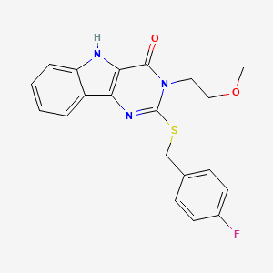 molecular formula C20H18FN3O2S B2853633 2-[(4-fluorophenyl)methylsulfanyl]-3-(2-methoxyethyl)-5H-pyrimido[5,4-b]indol-4-one CAS No. 888440-70-8