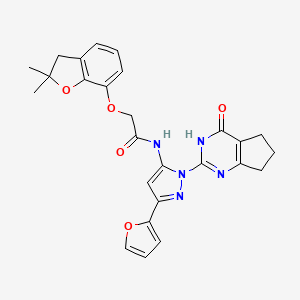 molecular formula C26H25N5O5 B2853661 2-((2,2-dimethyl-2,3-dihydrobenzofuran-7-yl)oxy)-N-(3-(furan-2-yl)-1-(4-oxo-4,5,6,7-tetrahydro-3H-cyclopenta[d]pyrimidin-2-yl)-1H-pyrazol-5-yl)acetamide CAS No. 1211095-84-9