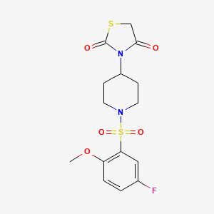 molecular formula C15H17FN2O5S2 B2853736 3-(1-((5-Fluoro-2-methoxyphenyl)sulfonyl)piperidin-4-yl)thiazolidine-2,4-dione CAS No. 1798671-93-8