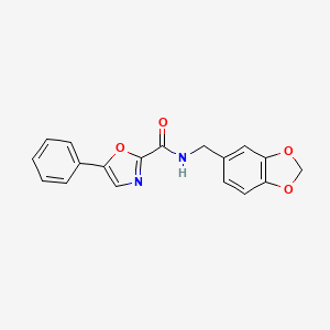 molecular formula C18H14N2O4 B2853751 N-(benzo[d][1,3]dioxol-5-ylmethyl)-5-phenyloxazole-2-carboxamide CAS No. 955768-25-9