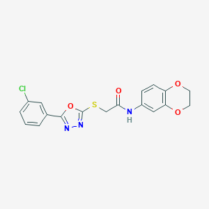 molecular formula C18H14ClN3O4S B285377 2-{[5-(3-chlorophenyl)-1,3,4-oxadiazol-2-yl]sulfanyl}-N-(2,3-dihydro-1,4-benzodioxin-6-yl)acetamide 