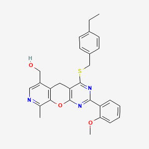 (7-{[(4-Ethylphenyl)methyl]sulfanyl}-5-(2-methoxyphenyl)-14-methyl-2-oxa-4,6,13-triazatricyclo[8.4.0.0^{3,8}]tetradeca-1(10),3(8),4,6,11,13-hexaen-11-yl)methanol