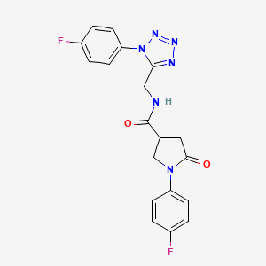 molecular formula C19H16F2N6O2 B2853803 1-(4-fluorophenyl)-N-((1-(4-fluorophenyl)-1H-tetrazol-5-yl)methyl)-5-oxopyrrolidine-3-carboxamide CAS No. 897623-76-6
