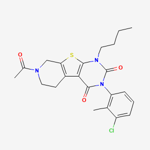 molecular formula C22H24ClN3O3S B2853804 11-Acetyl-6-butyl-4-(3-chloro-2-methylphenyl)-8-thia-4,6,11-triazatricyclo[7.4.0.0^{2,7}]trideca-1(9),2(7)-diene-3,5-dione CAS No. 902909-00-6
