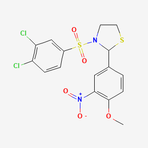 molecular formula C16H14Cl2N2O5S2 B2853864 3-((3,4-Dichlorophenyl)sulfonyl)-2-(4-methoxy-3-nitrophenyl)thiazolidine CAS No. 497234-90-9