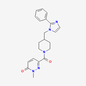 molecular formula C21H23N5O2 B2853934 2-methyl-6-(4-((2-phenyl-1H-imidazol-1-yl)methyl)piperidine-1-carbonyl)pyridazin-3(2H)-one CAS No. 1396717-51-3