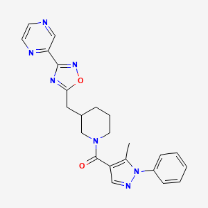 molecular formula C23H23N7O2 B2853937 (5-methyl-1-phenyl-1H-pyrazol-4-yl)(3-((3-(pyrazin-2-yl)-1,2,4-oxadiazol-5-yl)methyl)piperidin-1-yl)methanone CAS No. 1705891-88-8