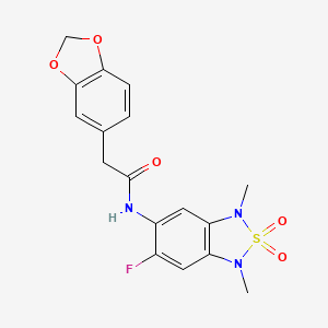 molecular formula C17H16FN3O5S B2853959 2-(benzo[d][1,3]dioxol-5-yl)-N-(6-fluoro-1,3-dimethyl-2,2-dioxido-1,3-dihydrobenzo[c][1,2,5]thiadiazol-5-yl)acetamide CAS No. 2034262-16-1