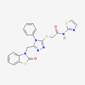 molecular formula C21H16N6O2S3 B2854036 2-((5-((2-氧代苯并[d]噻唑-3(2H)-基)甲基)-4-苯基-4H-1,2,4-三唑-3-基)硫代)-N-(噻唑-2-基)乙酰胺 CAS No. 847402-12-4