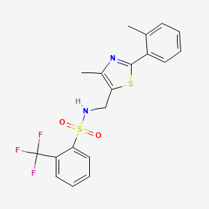 molecular formula C19H17F3N2O2S2 B2854048 N-((4-methyl-2-(o-tolyl)thiazol-5-yl)methyl)-2-(trifluoromethyl)benzenesulfonamide CAS No. 1448133-83-2