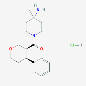 molecular formula C19H29ClN2O2 B2854067 (4-Amino-4-ethylpiperidin-1-yl)-[(3S,4S)-4-phenyloxan-3-yl]methanone;hydrochloride CAS No. 2418595-06-7