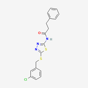 molecular formula C18H16ClN3OS2 B2854071 N-{5-[(3-chlorobenzyl)sulfanyl]-1,3,4-thiadiazol-2-yl}-3-phenylpropanamide CAS No. 638997-43-0