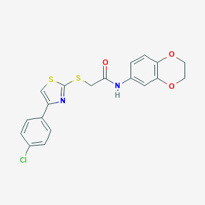 molecular formula C19H15ClN2O3S2 B285409 2-{[4-(4-chlorophenyl)-1,3-thiazol-2-yl]sulfanyl}-N-(2,3-dihydro-1,4-benzodioxin-6-yl)acetamide 
