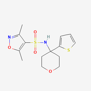 molecular formula C14H18N2O4S2 B2854129 3,5-dimethyl-N-(4-(thiophen-2-yl)tetrahydro-2H-pyran-4-yl)isoxazole-4-sulfonamide CAS No. 2034538-04-8