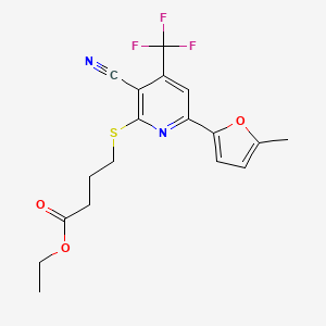 molecular formula C18H17F3N2O3S B2854148 Ethyl 4-{[3-cyano-6-(5-methylfuran-2-yl)-4-(trifluoromethyl)pyridin-2-yl]sulfanyl}butanoate CAS No. 625376-81-0