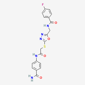 molecular formula C19H16FN5O4S B2854210 N-((5-((2-((4-carbamoylphenyl)amino)-2-oxoethyl)thio)-1,3,4-oxadiazol-2-yl)methyl)-4-fluorobenzamide CAS No. 903269-35-2