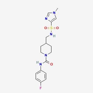 molecular formula C17H22FN5O3S B2854245 N-(4-fluorophenyl)-4-((1-methyl-1H-imidazole-4-sulfonamido)methyl)piperidine-1-carboxamide CAS No. 1448031-42-2