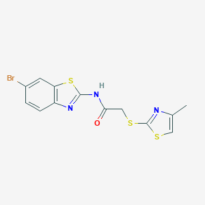 molecular formula C13H10BrN3OS3 B285429 N-(6-bromo-1,3-benzothiazol-2-yl)-2-[(4-methyl-1,3-thiazol-2-yl)sulfanyl]acetamide 