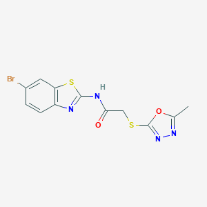 molecular formula C12H9BrN4O2S2 B285430 N-(6-bromo-1,3-benzothiazol-2-yl)-2-[(5-methyl-1,3,4-oxadiazol-2-yl)sulfanyl]acetamide 