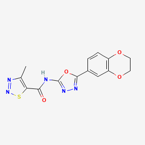 molecular formula C14H11N5O4S B2854319 N-(5-(2,3-dihydrobenzo[b][1,4]dioxin-6-yl)-1,3,4-oxadiazol-2-yl)-4-methyl-1,2,3-thiadiazole-5-carboxamide CAS No. 1207041-20-0