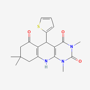 molecular formula C19H21N3O3S B2854345 1,3,8,8-tetramethyl-5-(thiophen-2-yl)-5,8,9,10-tetrahydropyrimido[4,5-b]quinoline-2,4,6(1H,3H,7H)-trione CAS No. 868144-14-3