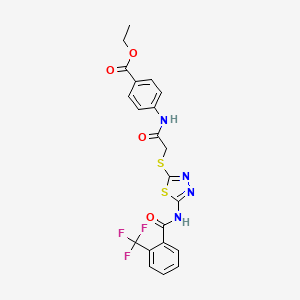 molecular formula C21H17F3N4O4S2 B2854377 Ethyl 4-(2-((5-(2-(trifluoromethyl)benzamido)-1,3,4-thiadiazol-2-yl)thio)acetamido)benzoate CAS No. 391874-59-2